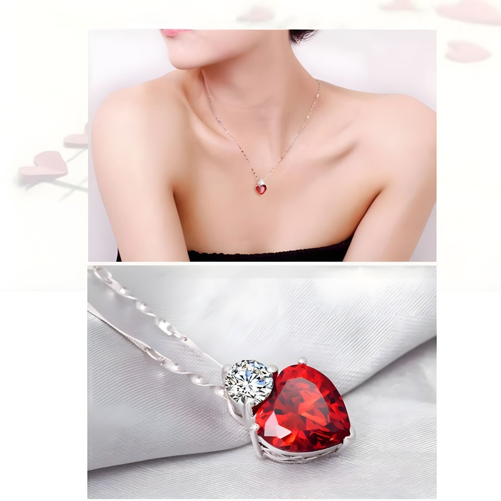 925 Sterling Silver Heart Pendant Necklace Red AAA Cubic Zirconia Box Chain 280