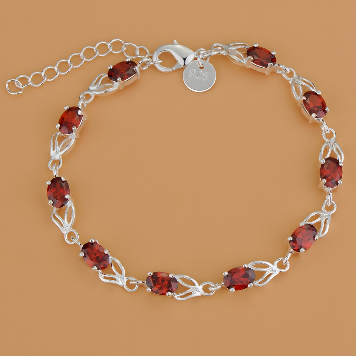 Red Zircon Bracelet, Silver Tone Geometric Charm Bracelet, Adjustable Chain 1742