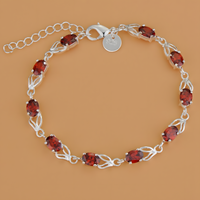 Red Zircon Bracelet, Silver Tone Geometric Charm Bracelet, Adjustable Chain 1742
