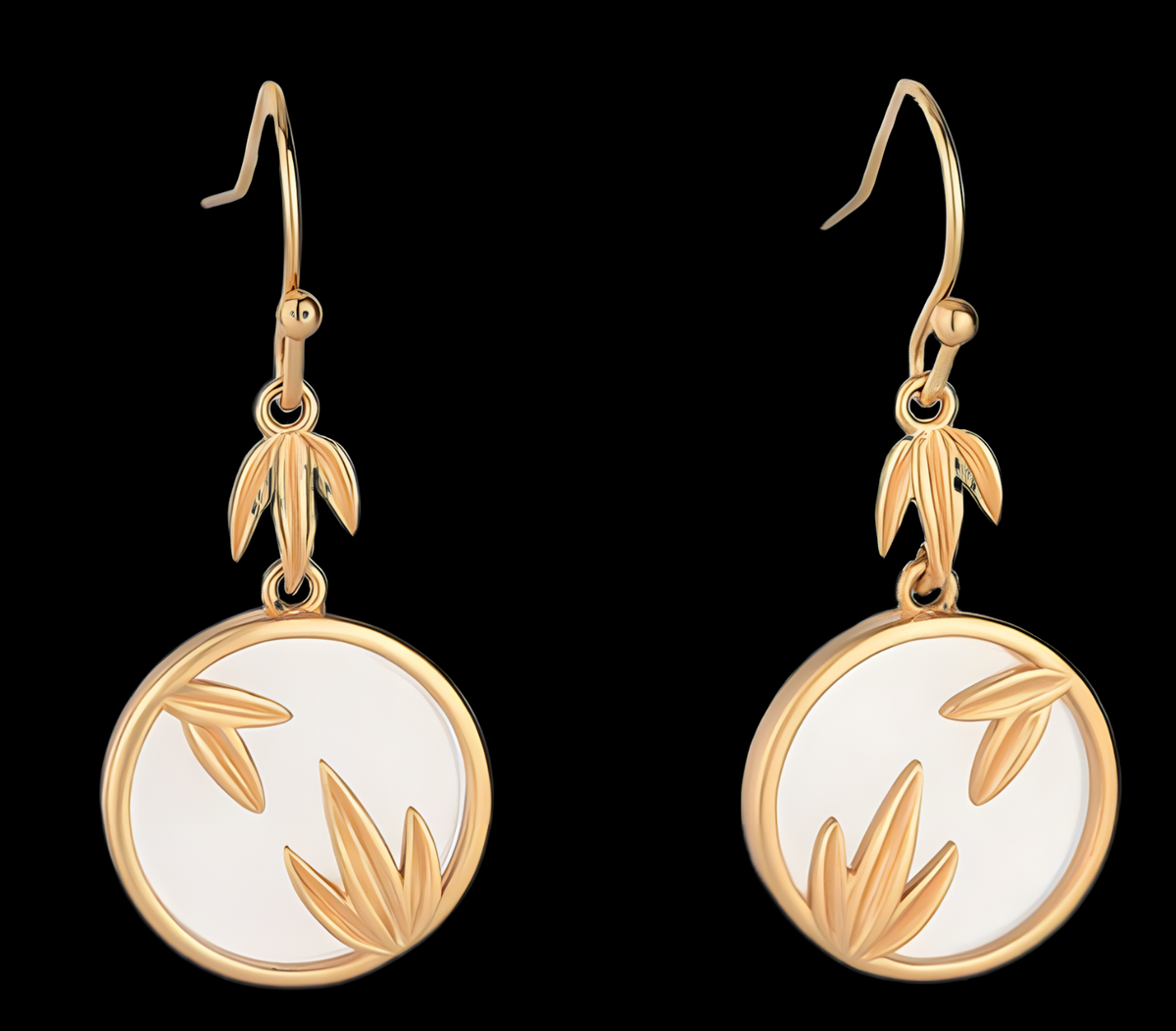 Gold Tone Bamboo Leaf Drop Earrings White Inlay Nature Inspired Dangle 32mm B18