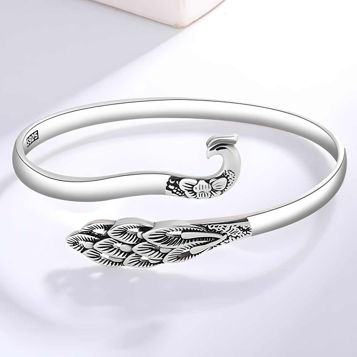 Adjustable Peacock Feather Cuff Bracelet Silver Tone Rhodium-Plated 13g 1442