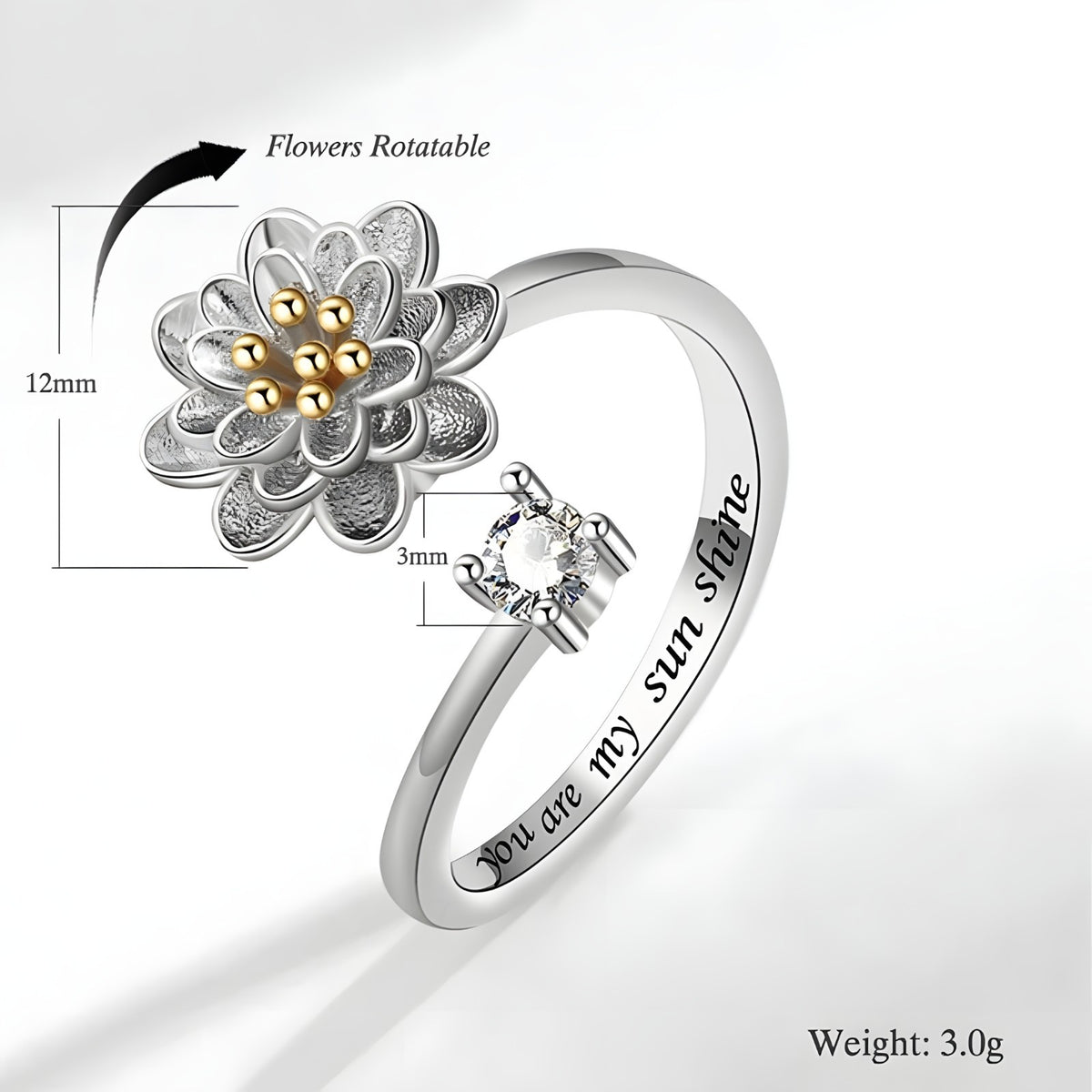 925 Sterling Silver Flower Spinner Ring - Adjustable Anxiety Ring Rotatable 394