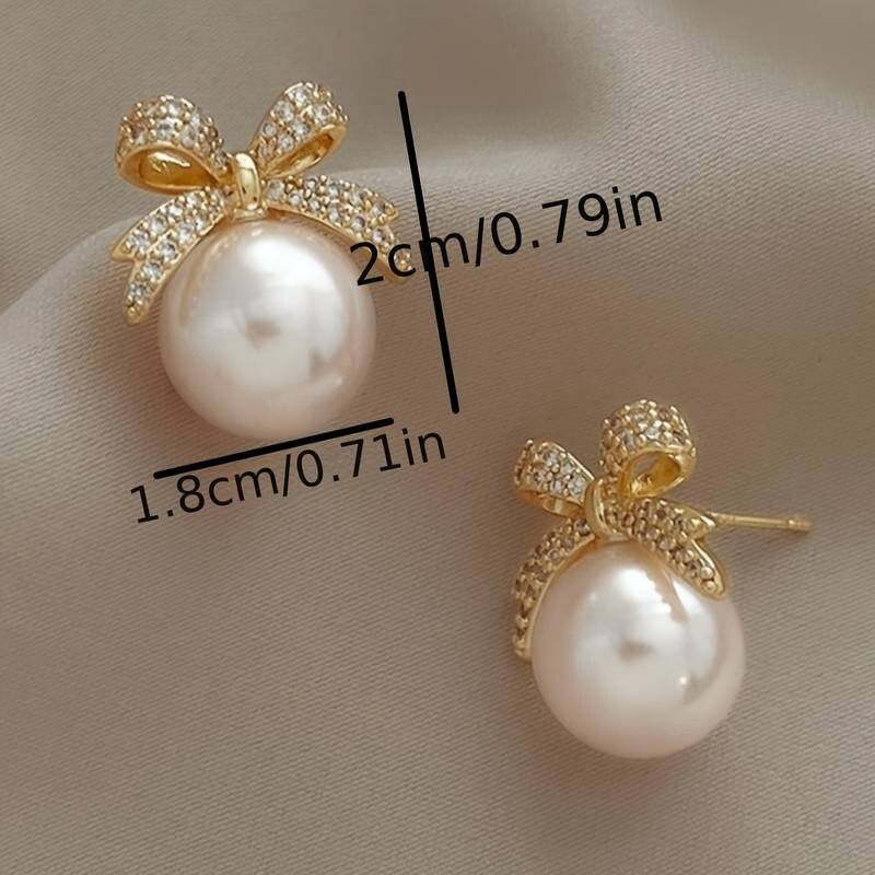Shiny Rhinestone Inlaid Bow Faux Pearl Decor Dangle Earrings Elegant Style 54 UK