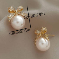 Shiny Rhinestone Inlaid Bow Faux Pearl Decor Dangle Earrings Elegant Style 54 UK