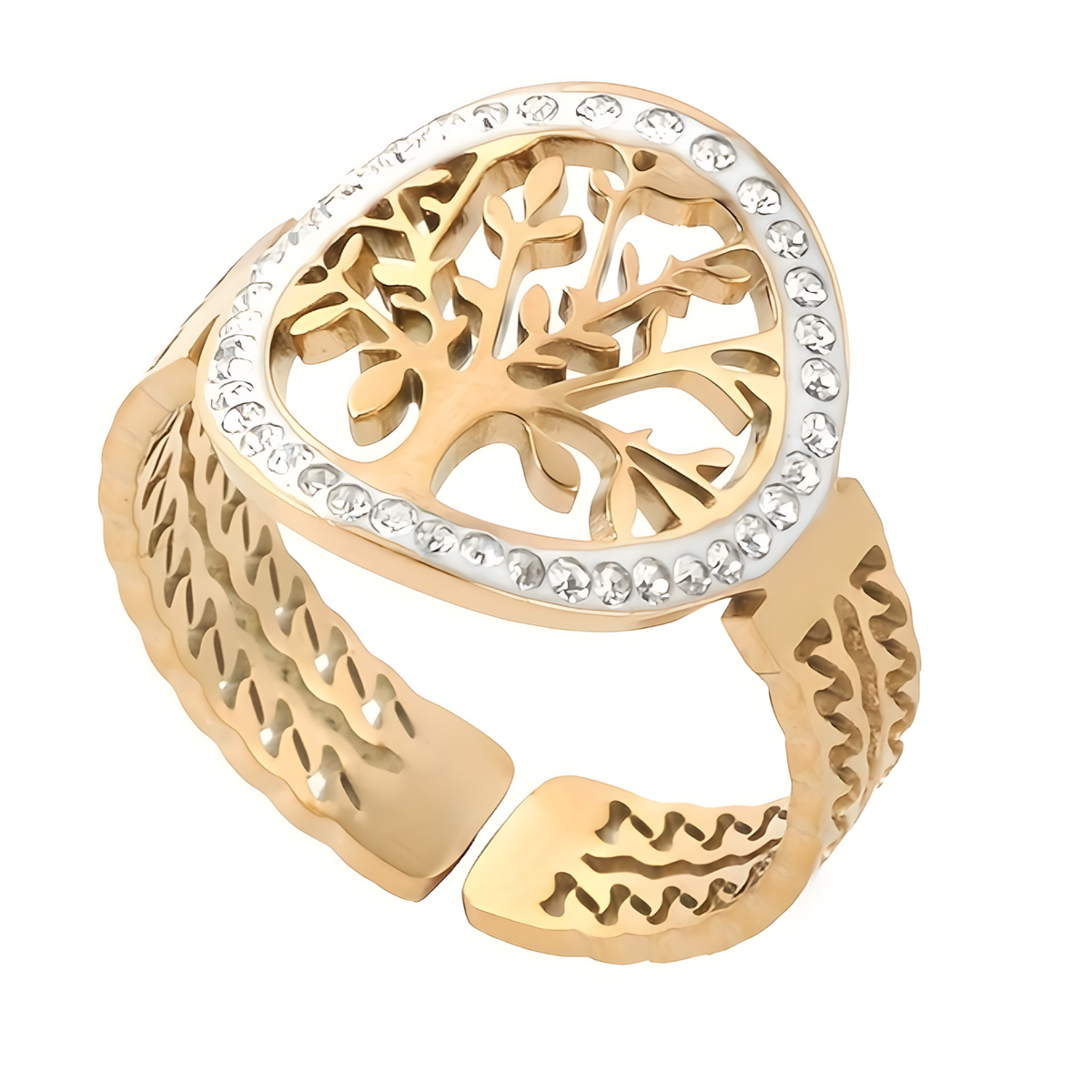 Gold Tree of Life Ring – Adjustable Stainless Steel Open Band Clear Crystal 842