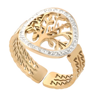 Gold Tree of Life Ring – Adjustable Stainless Steel Open Band Clear Crystal 842