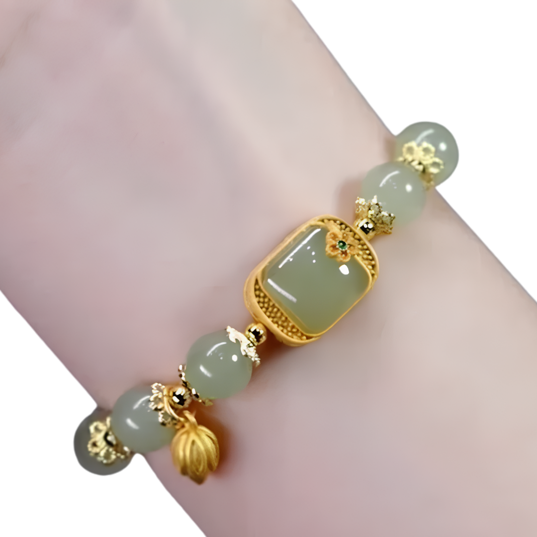 Green Beaded Bracelet, Gold Colour Square Centre Charm Lotus Drop Statement 1800