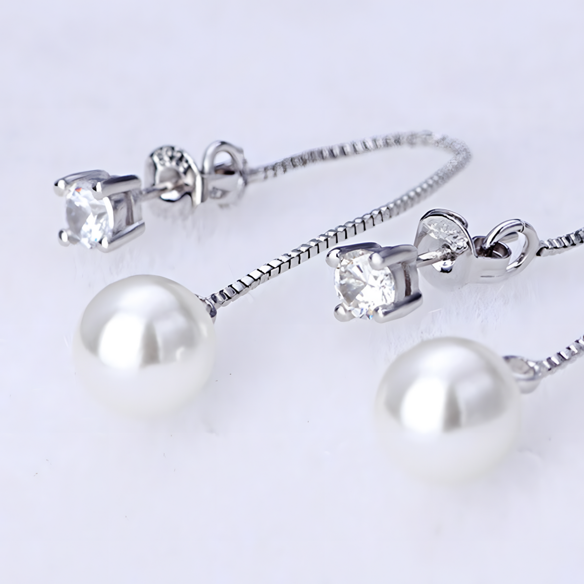 Silver-Plated Pearl Drop Earrings Women Long Chain Dangle Cubic Zirconia 922