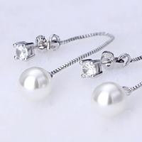 Silver-Plated Pearl Drop Earrings Women Long Chain Dangle Cubic Zirconia 922