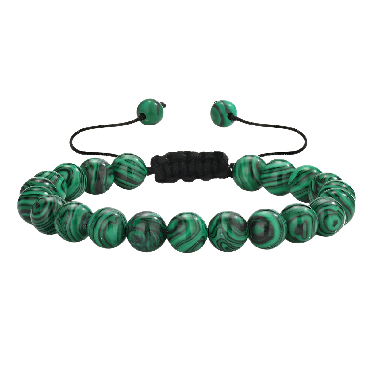 Unisex Natural Stone Bracelet, 8mm Green Malachite & Lava Rock, Adjustable B117