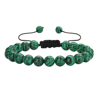 Unisex Natural Stone Bracelet, 8mm Green Malachite & Lava Rock, Adjustable B117