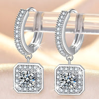 Sterling Silver Square Drop Hoop Earrings Cubic Zirconia Halo Elegant Dangle 345