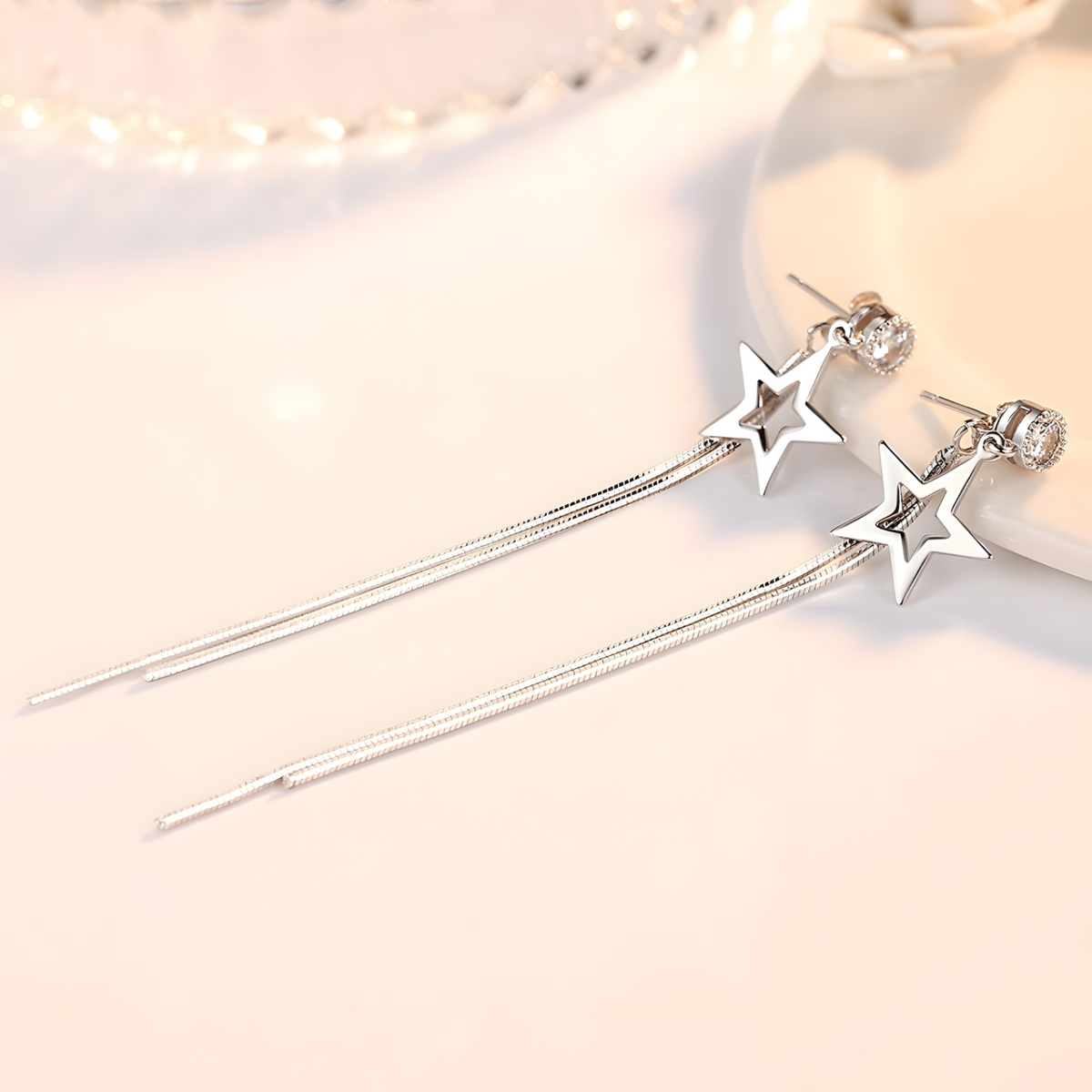 925 Silver-Plated Alloy Long Star Dangle Earrings for Women– Classic Zircon 1000