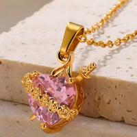 Women's Gold Plated Heart Necklace, Pink Zircon Pendant Cupid Arrow B173