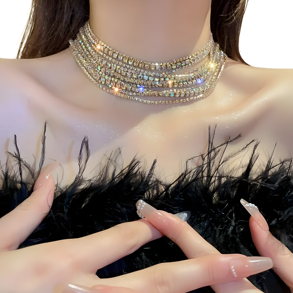 Women's Multilayer Gold Plated Choker Necklace Aurora Borealis Rhinestones 600