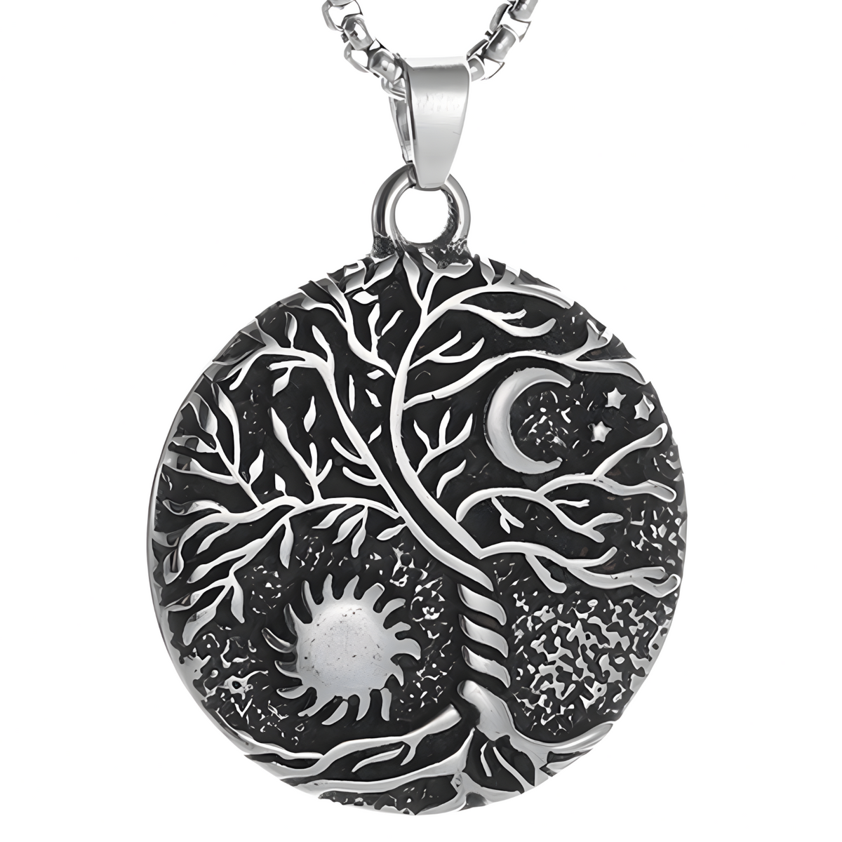 Vintage Tree Of Life Sun And Moon Pendant Necklace Celtic Nordic Round Rune 1093