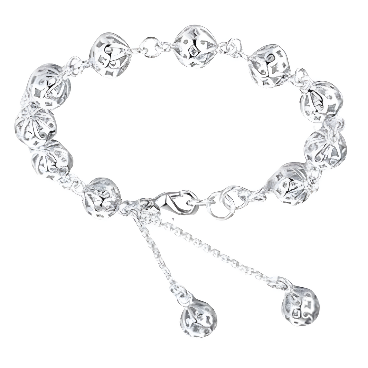 Silver Plated Hollow Filigree Ball Bracelet with Tassel, Womens Adjustable 423