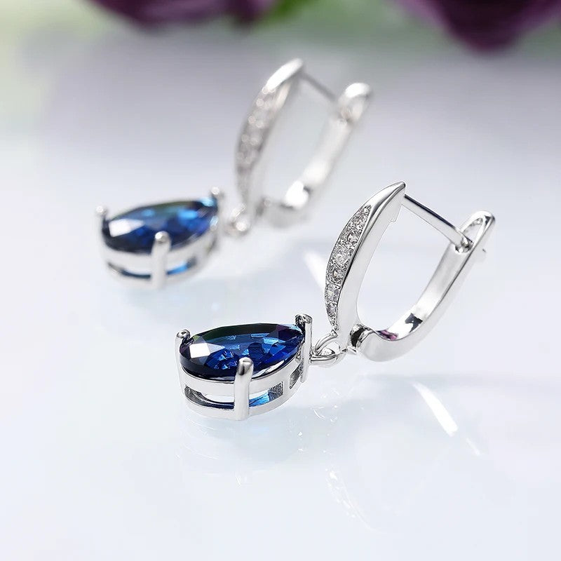 Blue Pear Cut Cubic Zirconia Drop Earrings for Women - Rhodium-Plated Alloy 1450