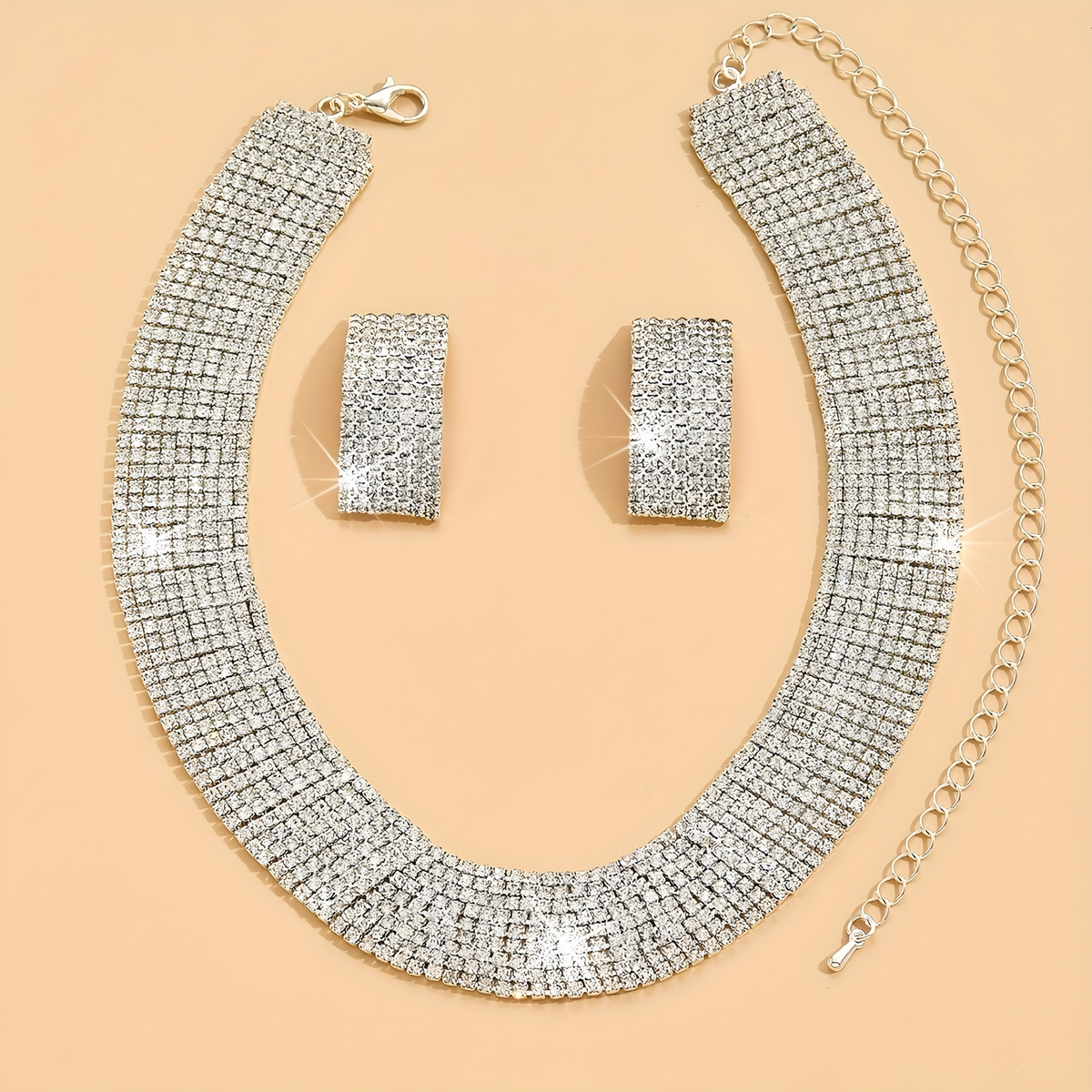 3PCS Silver Rhinestone Necklace and Earrings Set for Women–Classic Geometric 670
