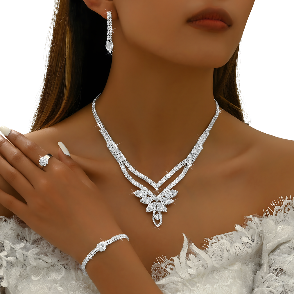 4PC Rhinestone Jewelry Set Women, Silver-Tone Leaf Claw Chain Dangle Earring 635