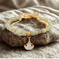 Apricot Green Beaded Bracelet, Gold Colour Double Layer Rope Chain, Leaf 1797