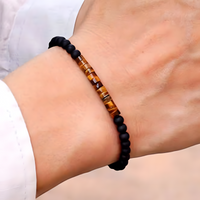 Natural Stone Chakra Bracelet, 4mm Black Onyx Matte Beads Tiger Eye Accents B123