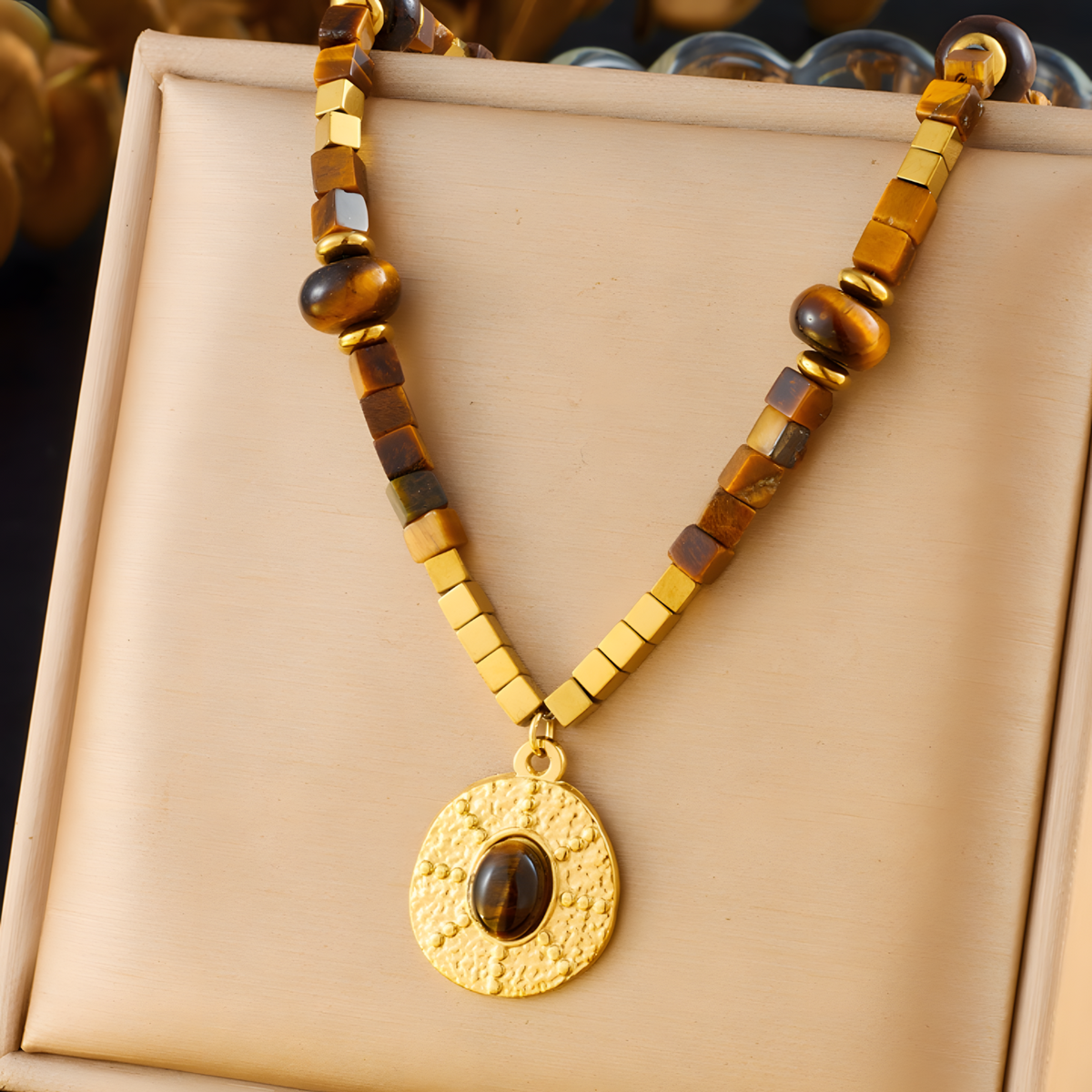 316L Gold Tone Tiger Eye Beaded Pendant Necklace Women Round Charm 1708