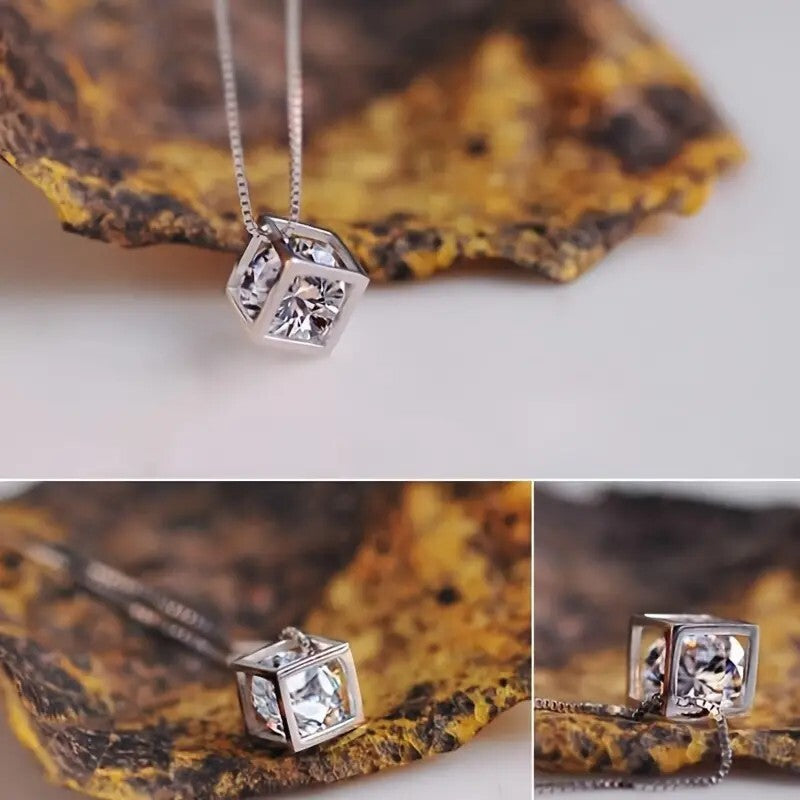 Hollow Cubic Shape Pendant Necklace Inlaid Shiny Zircon Pendant Necklace 71
