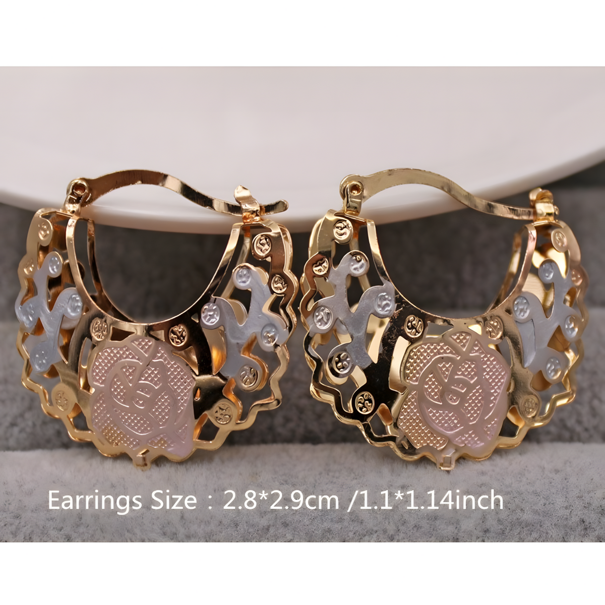 Rose Pattern Gold-Plated Zinc Alloy Hollow Hoop Earrings Women Lightweight 1479
