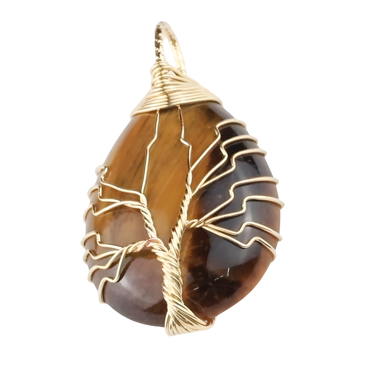 Gold Tiger Eye Tree Of Life Pendant Necklace For Women Oval Gemstone 1341