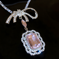 Pink Crystal Bow Pendant Necklace and Drop Earrings Set for Women Square 1392