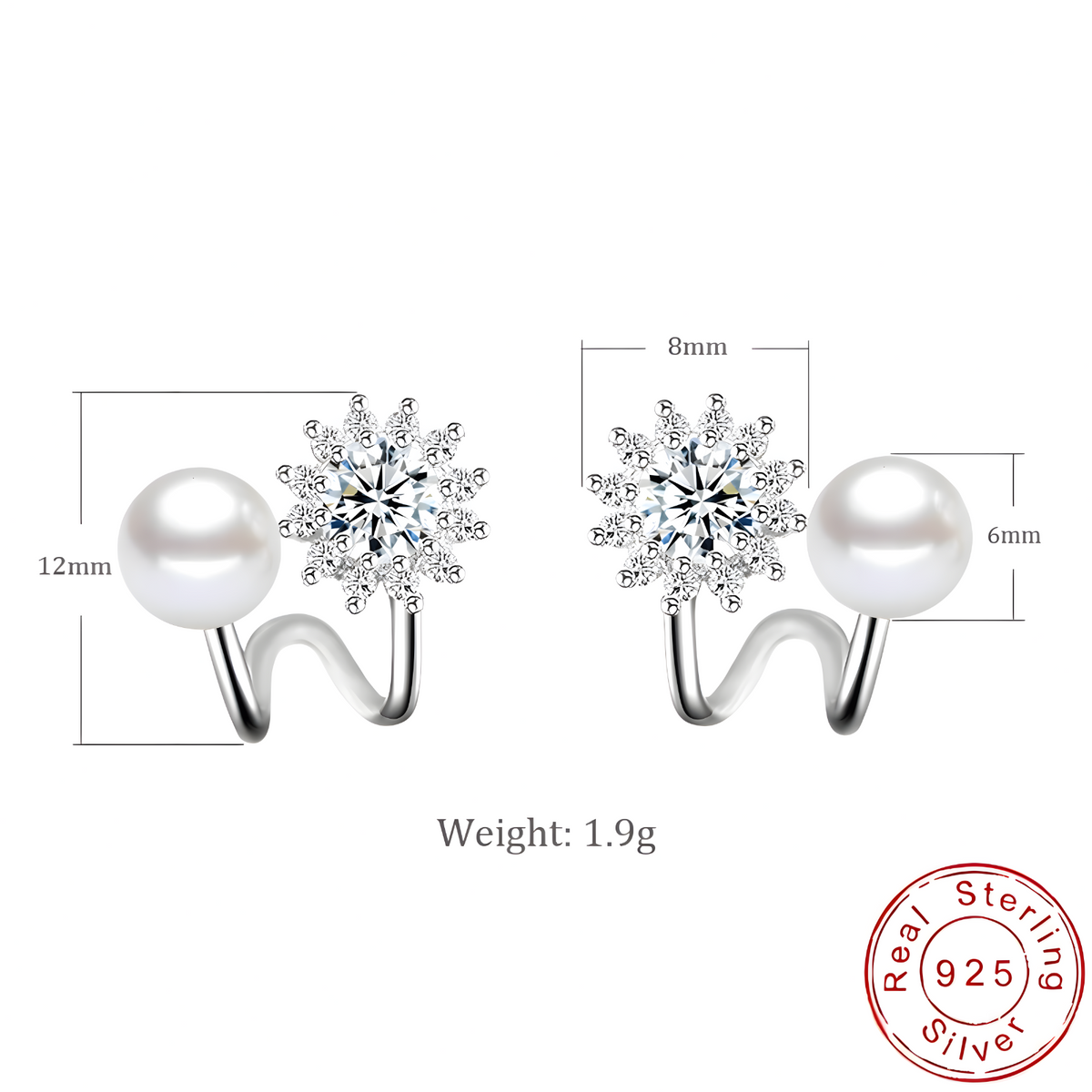 925 Sterling Silver Snowflake Stud Earrings with Pearl Accents, Sparkling CZ 326