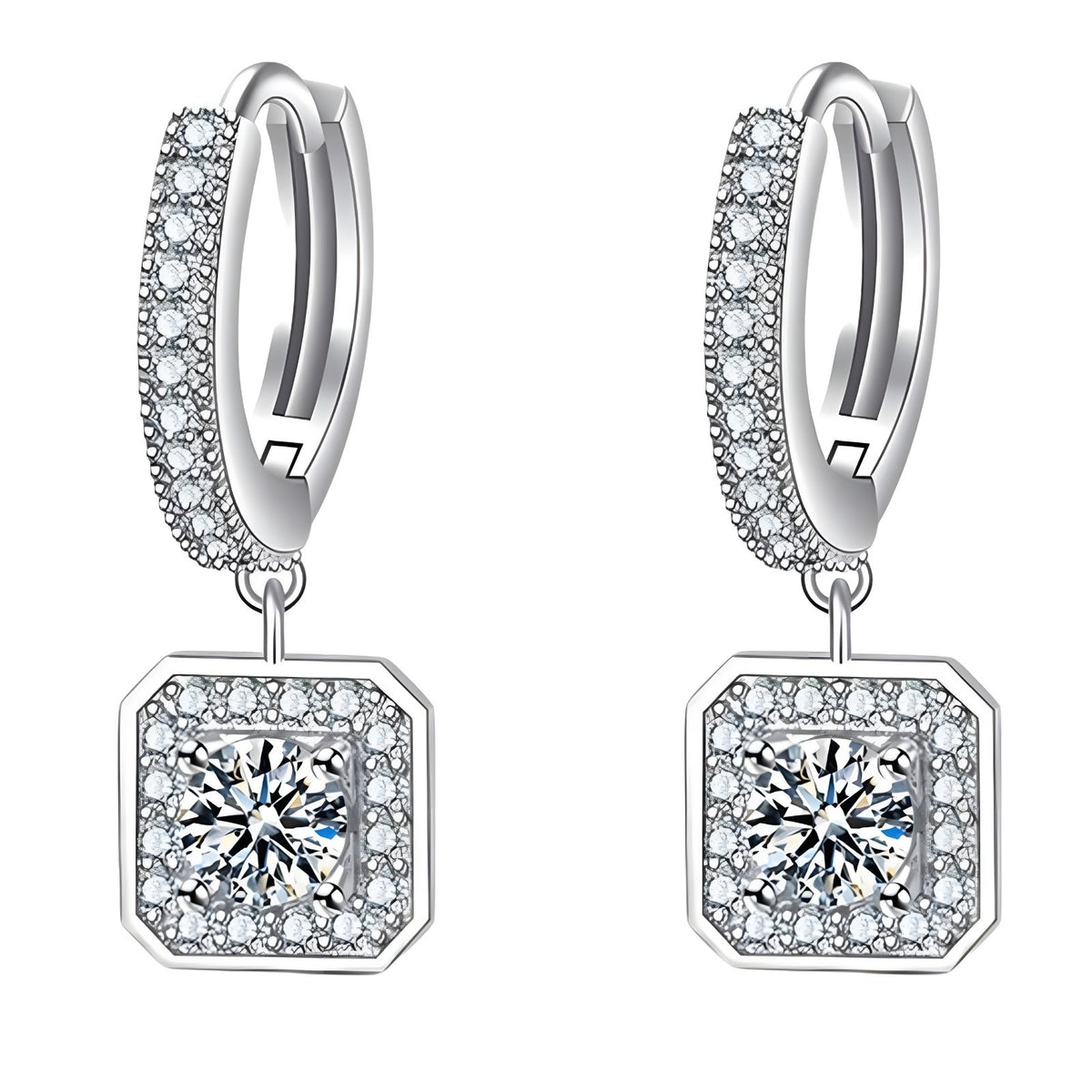 Sterling Silver Square Drop Hoop Earrings Cubic Zirconia Halo Elegant Dangle 345