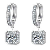 Sterling Silver Square Drop Hoop Earrings Cubic Zirconia Halo Elegant Dangle 345
