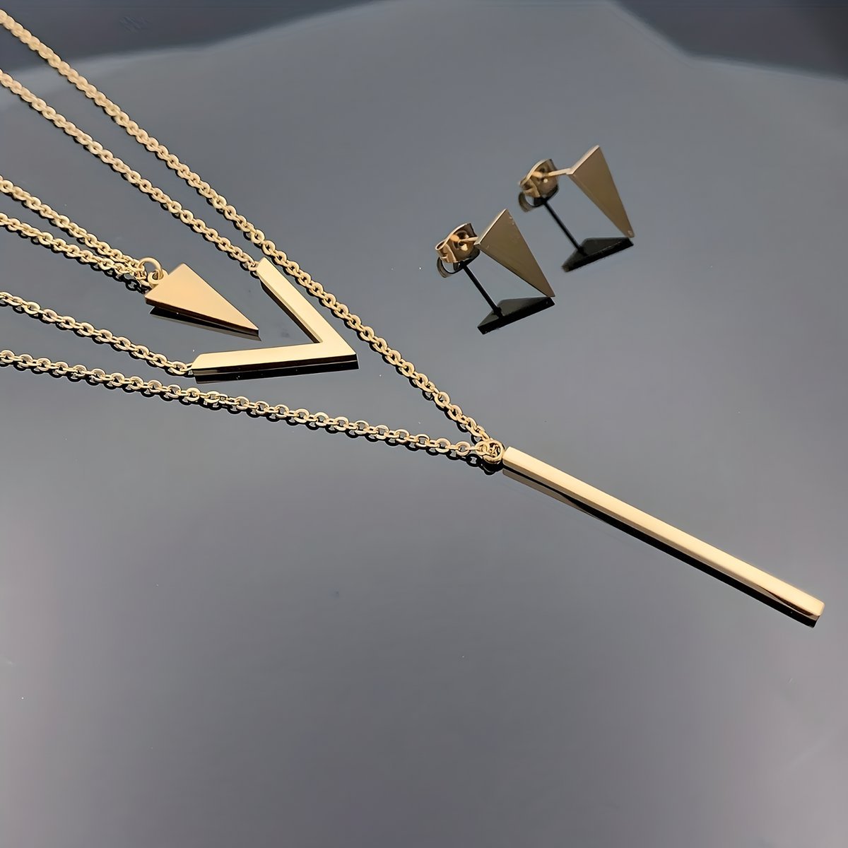 Women Stainless Steel Geometric Pendant Jewellery Set 3 Layer Gold Necklace 675