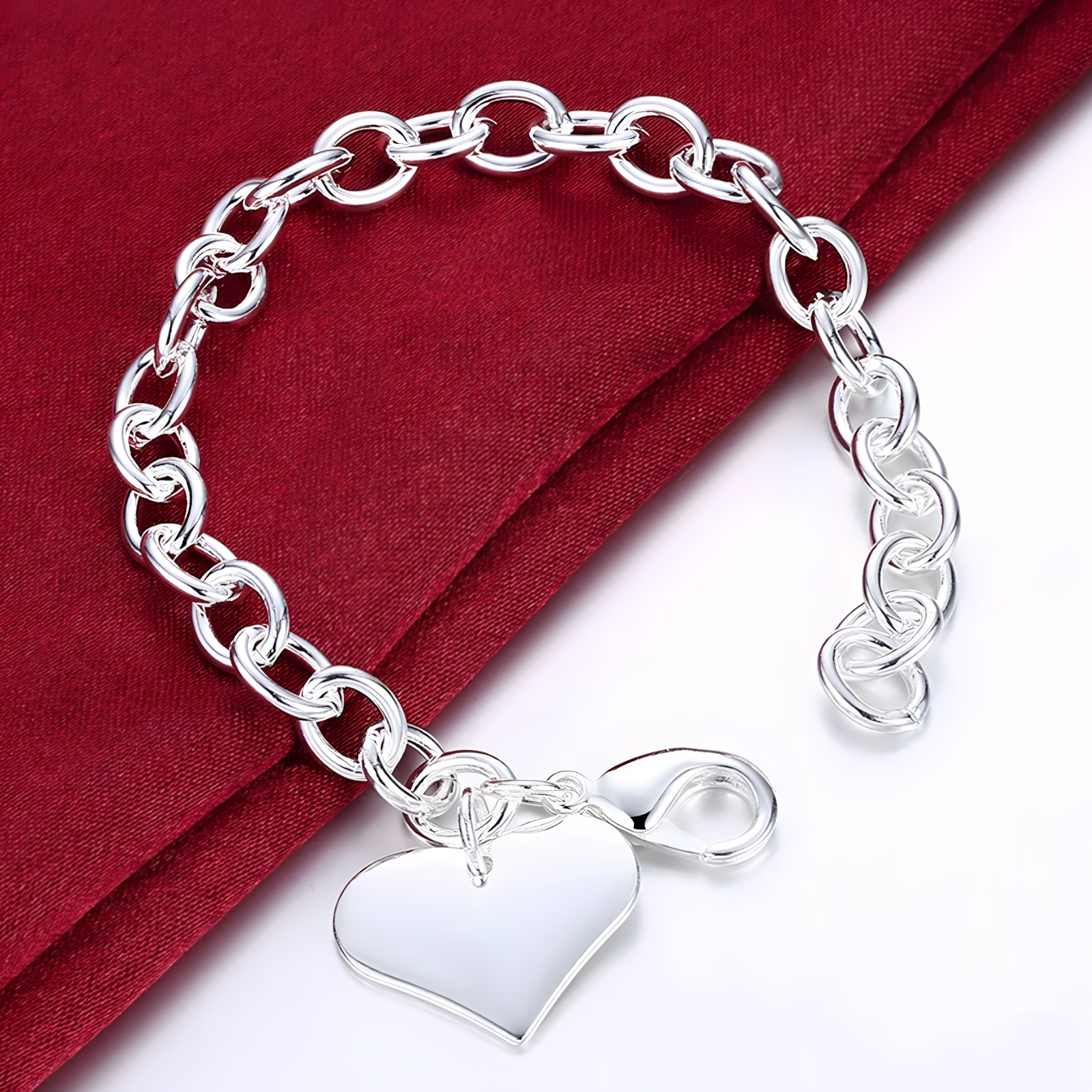 925 Sterling Silver Heart Charm Bracelet-Dangling Love Charm Secure Lobster 1804