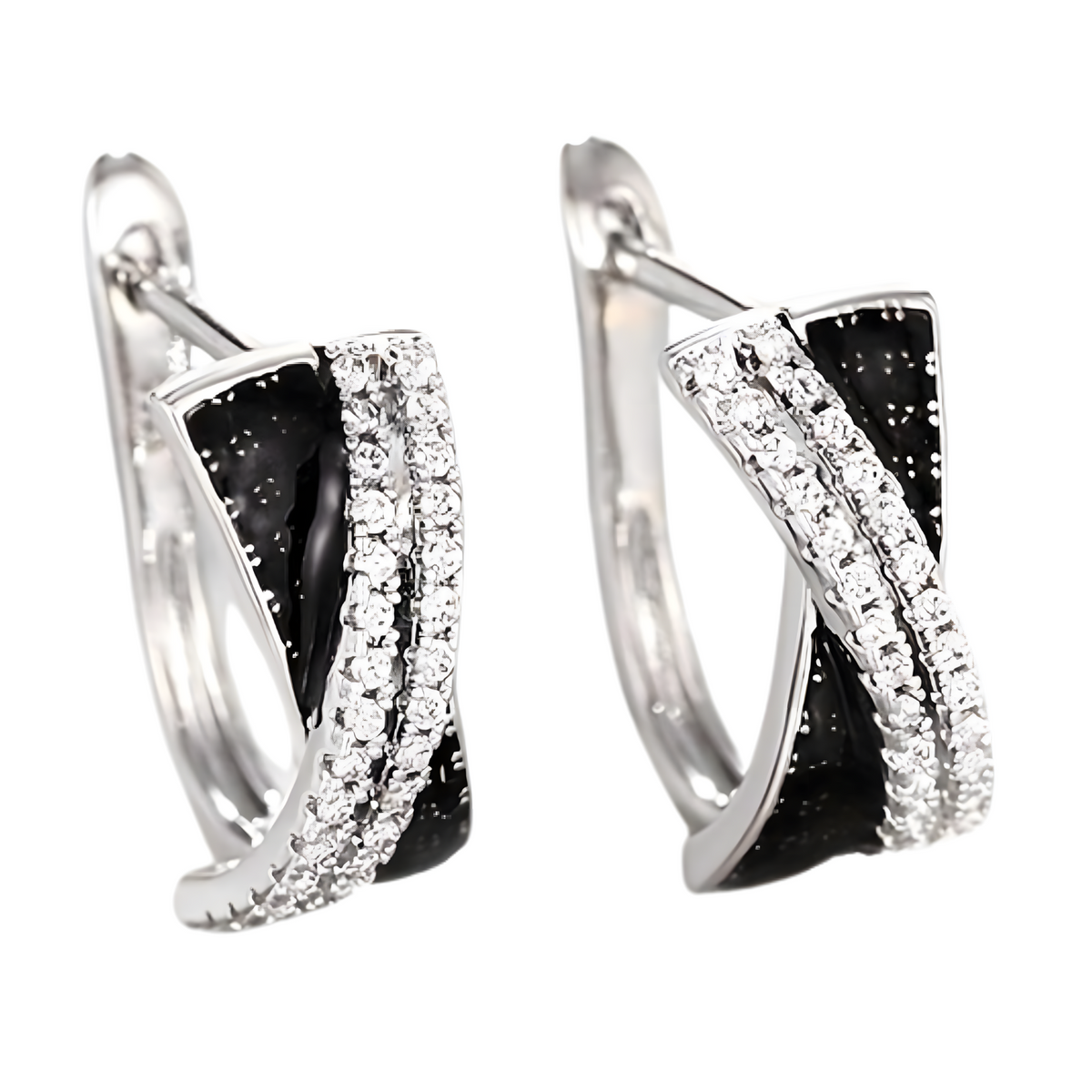 Modern Female Hoop Earrings: Black/White CZ X-Cross Two-Tone Design, 2cm 654