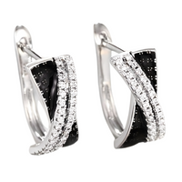 Modern Female Hoop Earrings: Black/White CZ X-Cross Two-Tone Design, 2cm 654