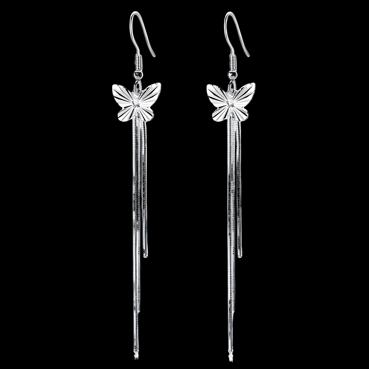925 Silver-Plated Butterfly Tassel Drop Earrings Women – Long Silver Chains 1051