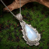 Retro Moonstone Pendant Necklace for Women | Ethnic Style Teardrop Synthetic 561