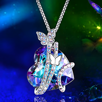 Butterfly Heart Necklace for Women Zinc Alloy Silver Colour Pavé Butterfly 1175