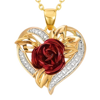 Gold Heart Red Rose Crystal Necklace | Romantic Floral Pendant Gift for Her B13