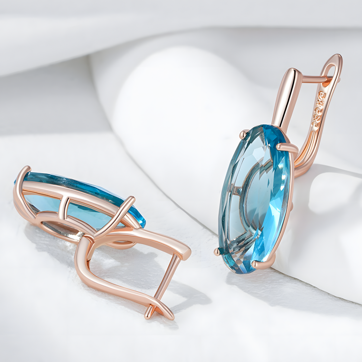 585 Rose Gold Blue Natural Zircon Oval Drop Earrings for Women, Copper Base 1287