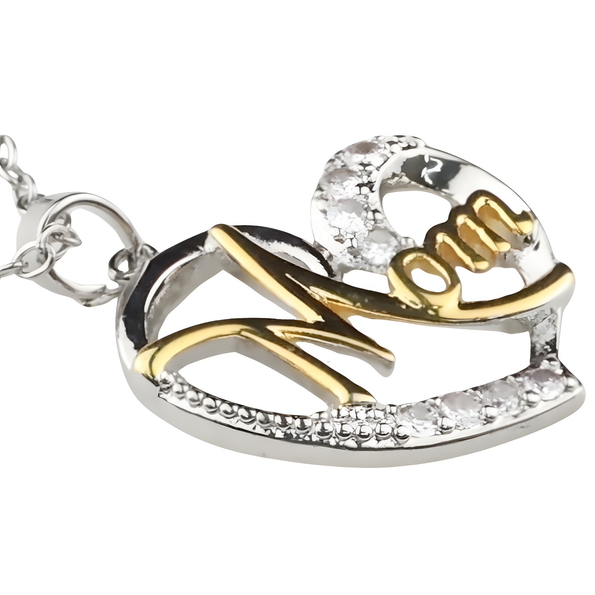 Multi Tone Heart 'Mom' Pendant Necklace -Script 'Mom' Design Cubic Zirconic 1364
