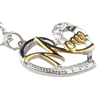 Multi Tone Heart 'Mom' Pendant Necklace -Script 'Mom' Design Cubic Zirconic 1364