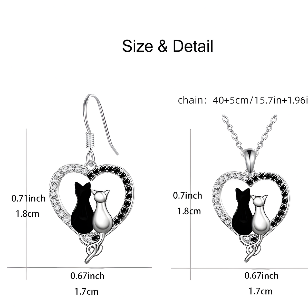 Black & White Cat Heart Dangle Earrings for Women –Zinc Alloy Silver Colour 1169