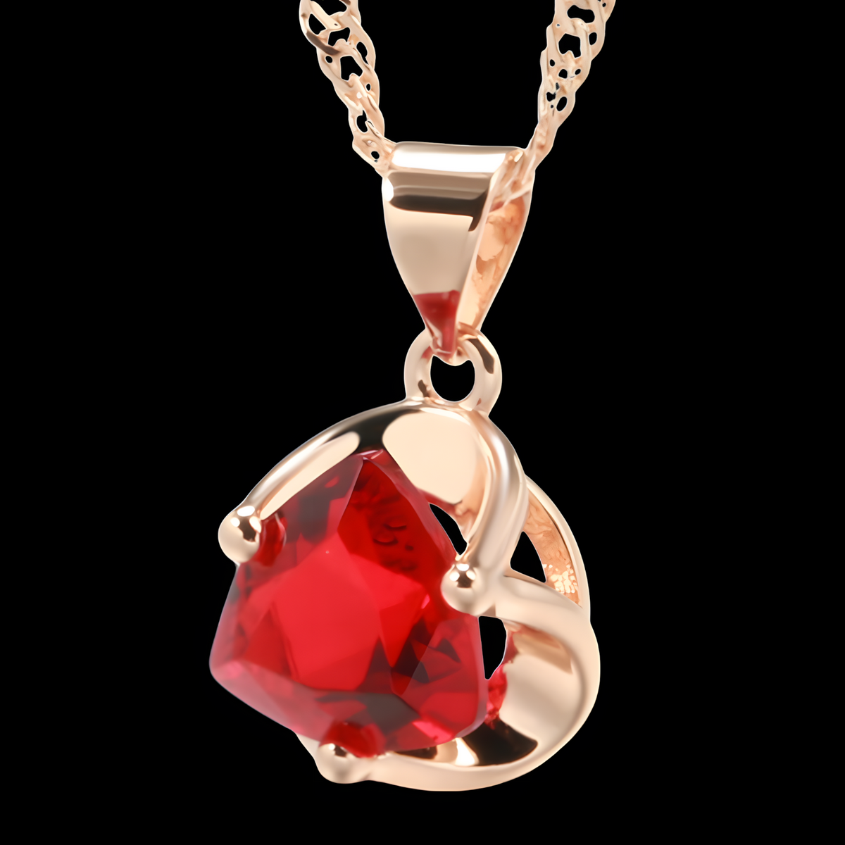 Red Natural Zircon Heart Pendant Necklace for Women, Copper 585 Rose Gold 1276