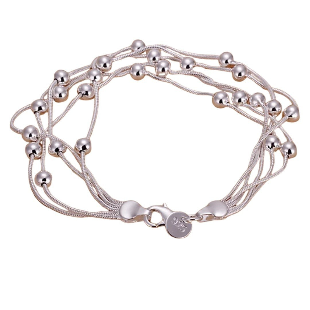 925 Sterling Silver Multi-Strand Snake Chain Bracelet Smooth Round Beads 416