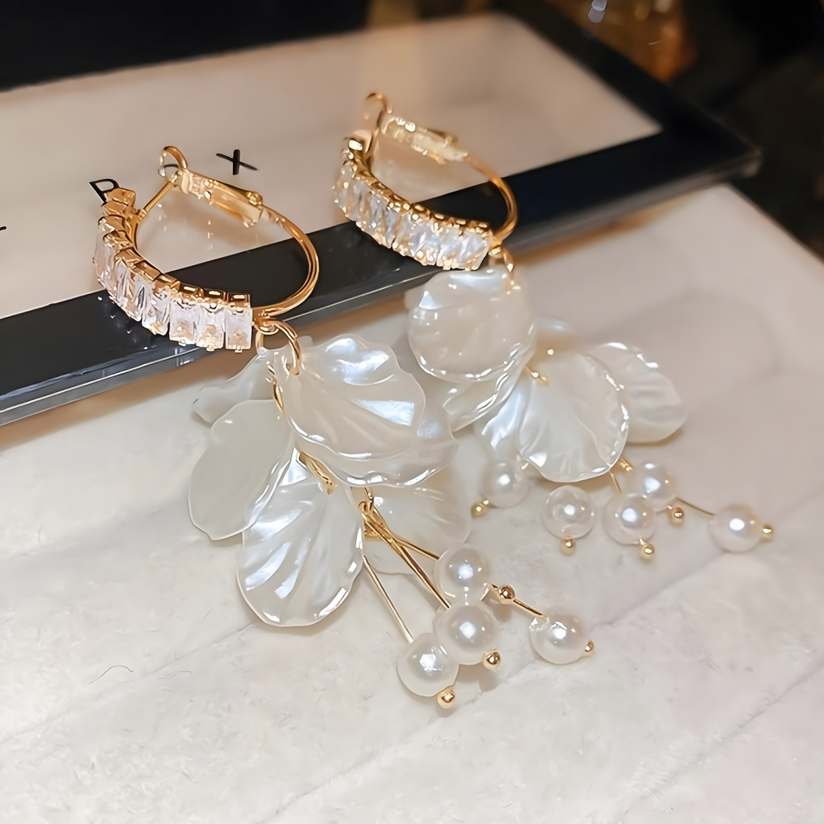 Long Floral Pearl Earrings for Women – Irregular White Petal Leaf Design 793