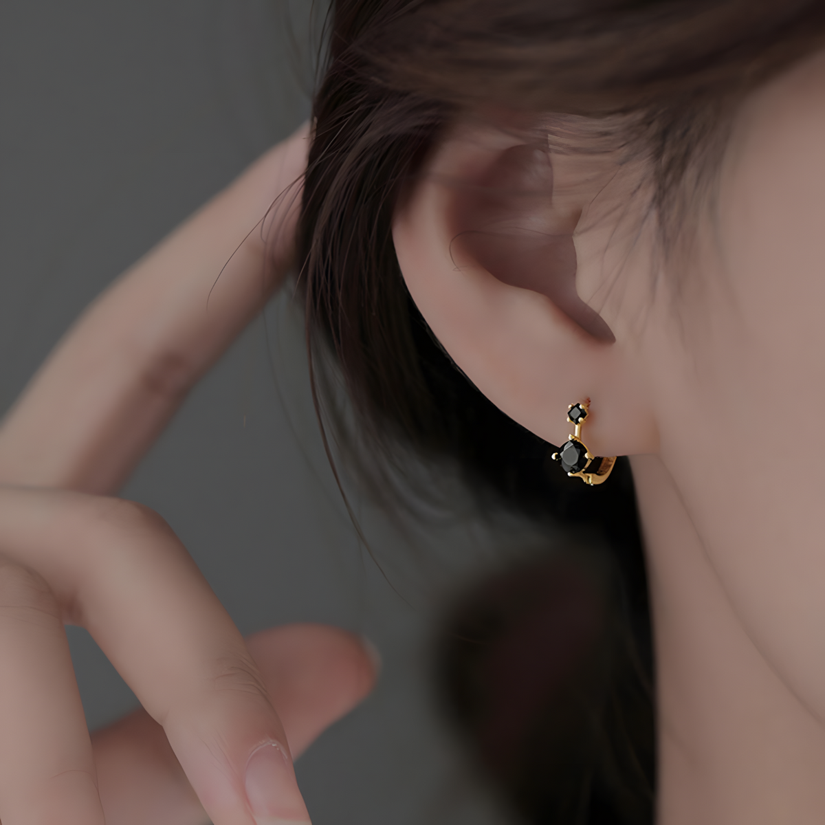 925 Silver-Plated Black Zircon Hoop Earrings for Women Geometric Dual Stone 921